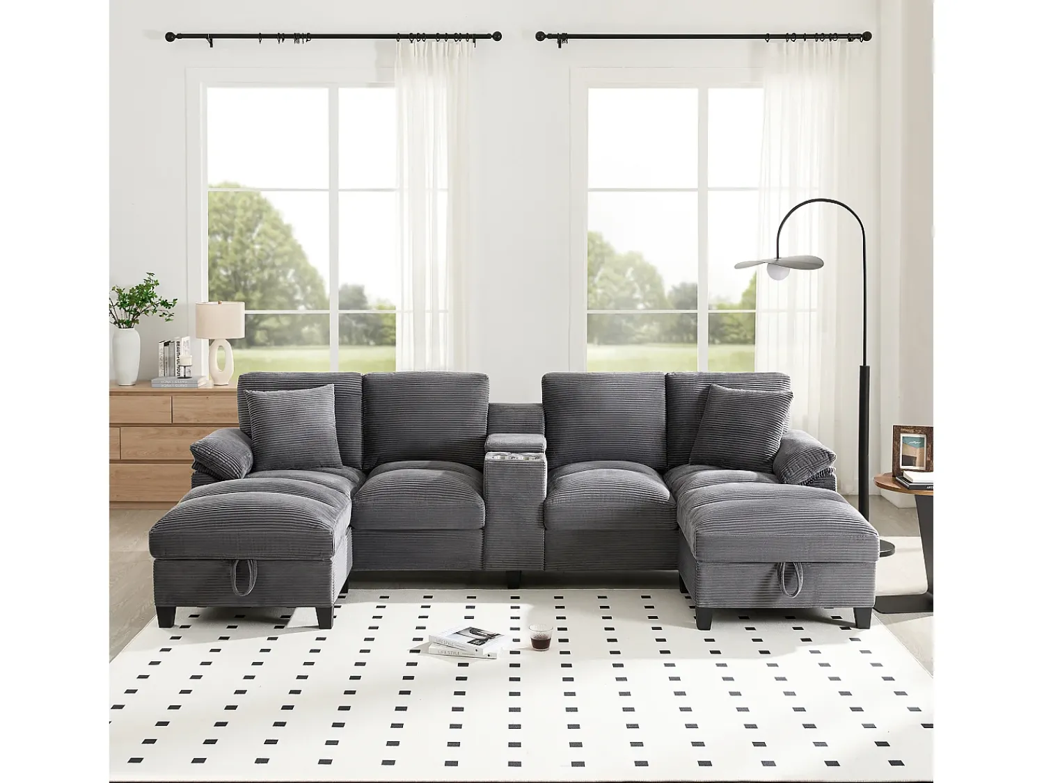 ModernLuxe Sofá de canto 4 lugares em forma de U - com espaço de armazenamento - porta-copos incluído - 2 portas USB - cinza^ Sofá
