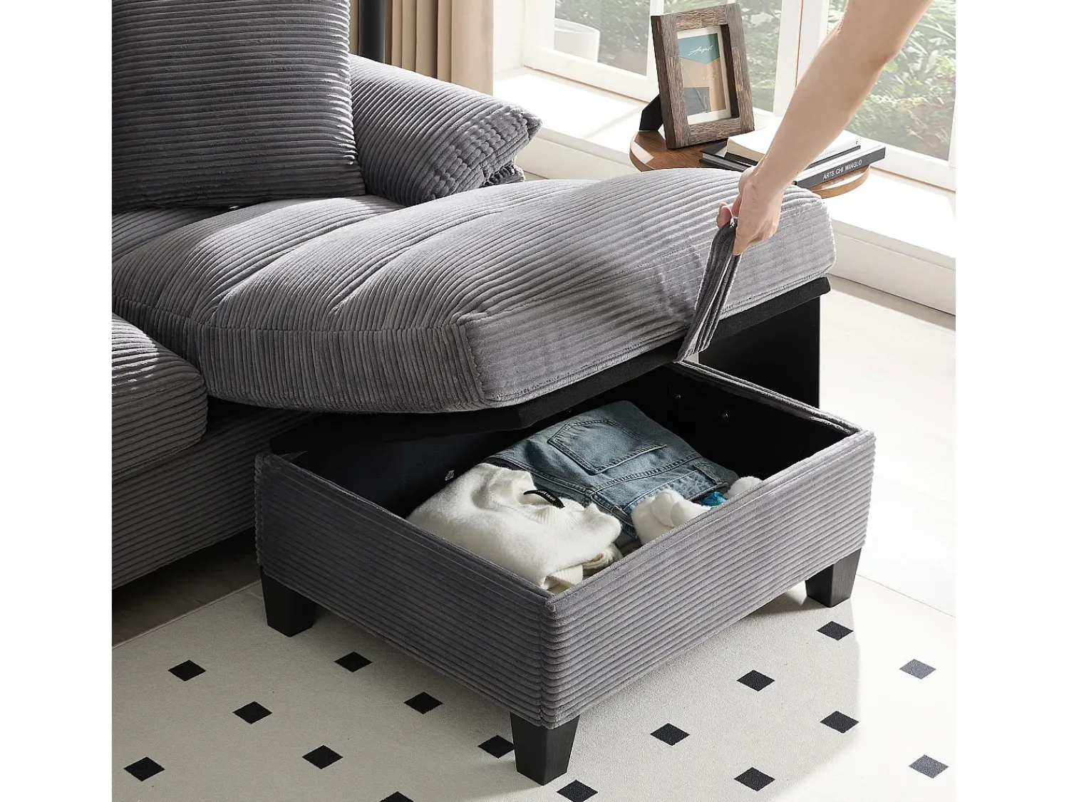 ModernLuxe Sofá de canto 4 lugares em forma de U - com espaço de armazenamento - porta-copos incluído - 2 portas USB - cinza^ Sofá