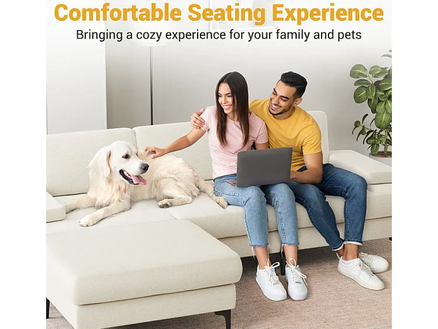 Outlet DripeX Sofá de Canto 3 Lugares em Chenille - com Ottomana - Carga Máx. 650kg - 244x146x83cm - Bege