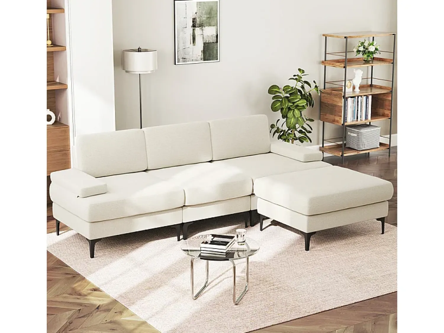 Outlet DripeX Sofá de Canto 3 Lugares em Chenille - com Ottomana - Carga Máx. 650kg - 244x146x83cm - Bege