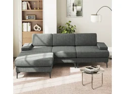 Outlet DripeX Sofá de Canto 3 Lugares em Chenille - com Ottomana - Carga Máx. 650kg - 244x146x83cm - Cinza Cinzento