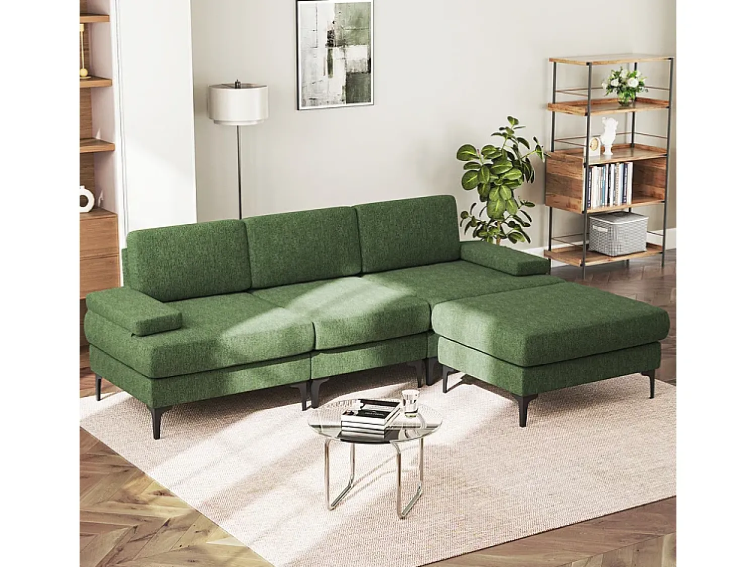DripeX Sofá de Canto 3 Lugares em Chenille - com Ottomana - Carga Máx. 650kg - 244x146x83cm - Verde