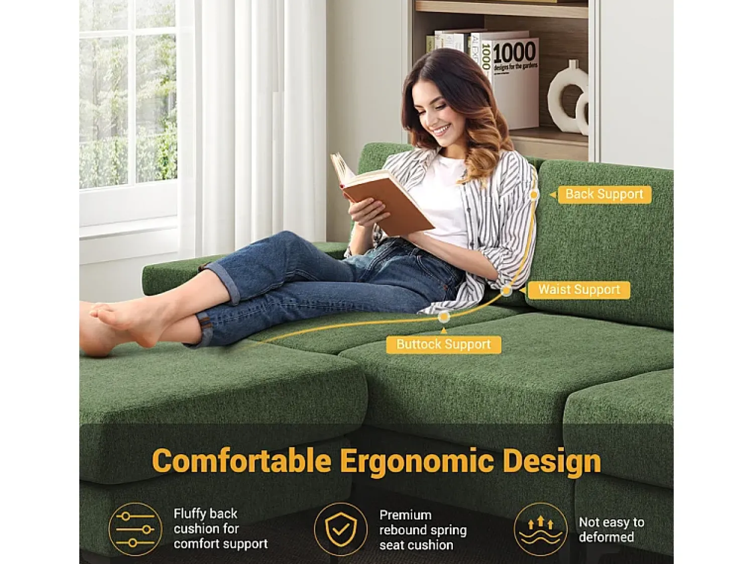 DripeX Sofá de Canto 3 Lugares em Chenille - com Ottomana - Carga Máx. 650kg - 244x146x83cm - Verde