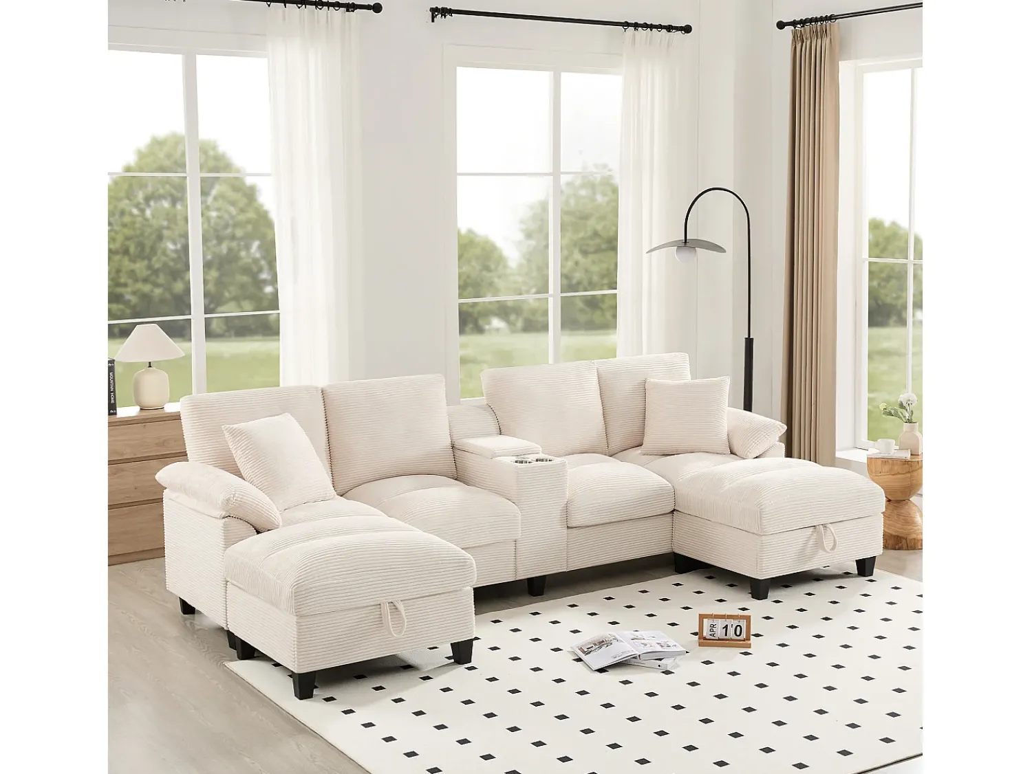 Sofá|ModernLuxe Sofá de canto 4 lugares em forma de U - com espaço de armazenamento - porta-copos incluído - 2 portas USB - Bege