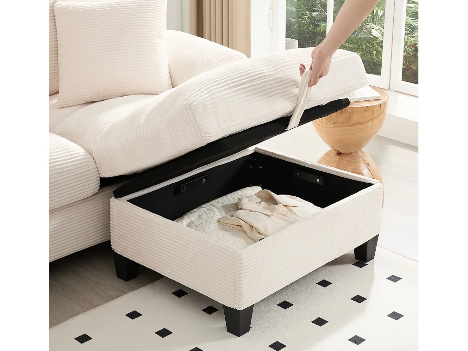 Sofá|ModernLuxe Sofá de canto 4 lugares em forma de U - com espaço de armazenamento - porta-copos incluído - 2 portas USB - Bege
