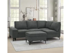 Sofá|Concept-Usine Sofá de canto 4/5 lugares em chenille cinza antracite com pufe KONEKT 3 lugares - Confortável, modular e elegante Cinzento