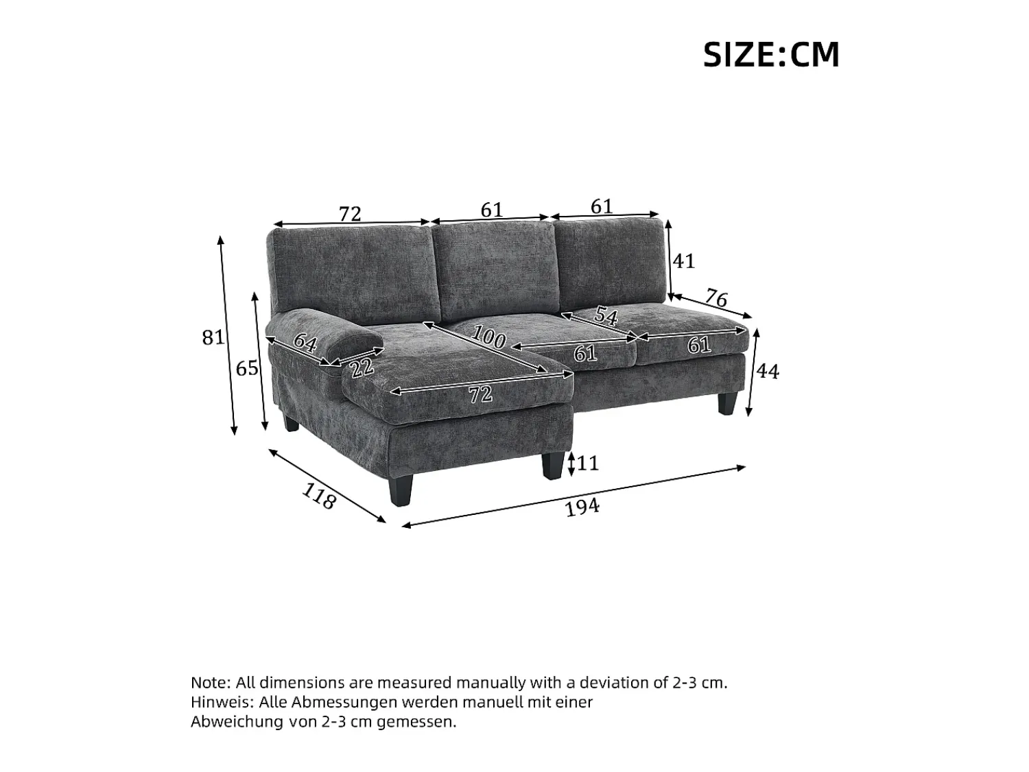 Sofá*ModernLuxe Sofá de canto 3 lugares em forma de L - 194x118x81 cm - Modular - Almofadas macias - Linho - Cinza Cinzento