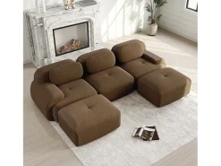 Sofá*DripeX Sofá de canto 3 lugares modular - em Veludo cotelê - com 3 almofadas e 2 puffs - 298x178x70cm - Marrom Castanho