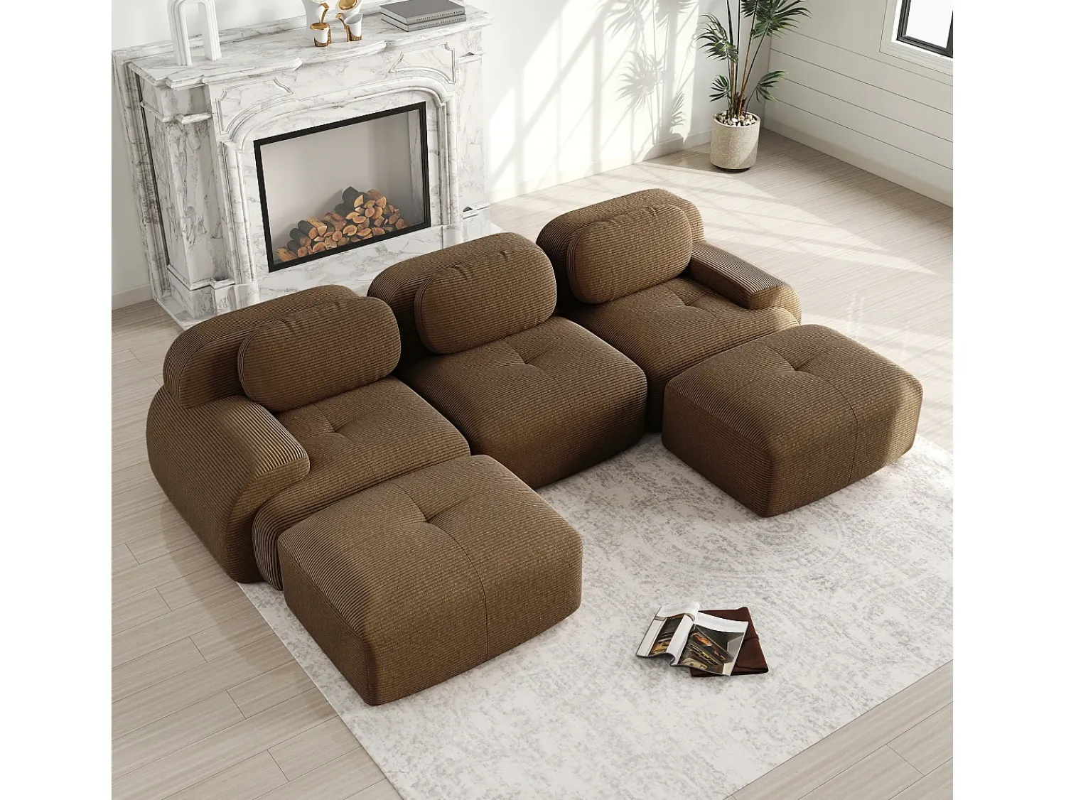 Sofá*DripeX Sofá de canto 3 lugares modular - em Veludo cotelê - com 3 almofadas e 2 puffs - 298x178x70cm - Marrom Castanho