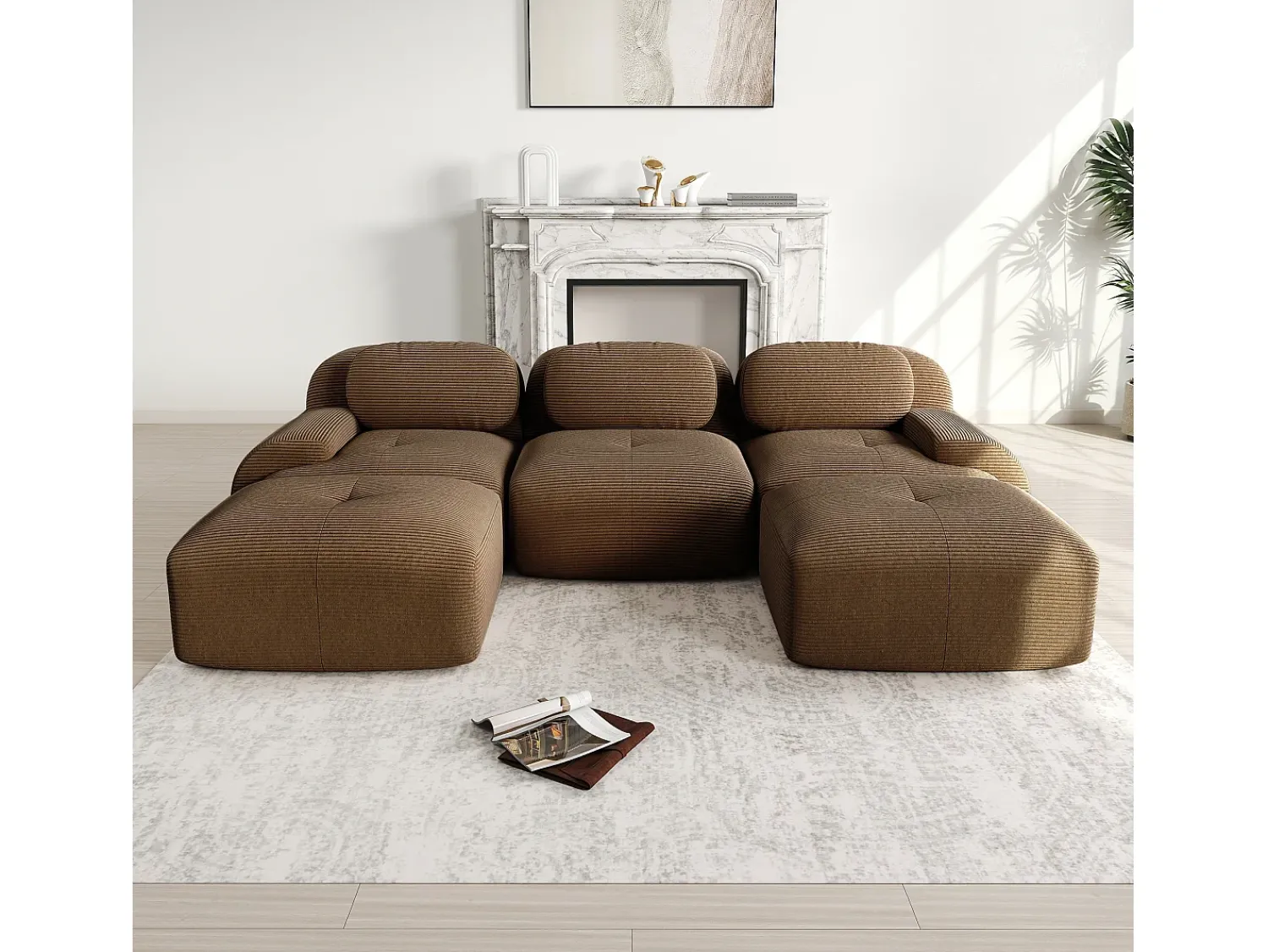 Sofá*DripeX Sofá de canto 3 lugares modular - em Veludo cotelê - com 3 almofadas e 2 puffs - 298x178x70cm - Marrom Castanho