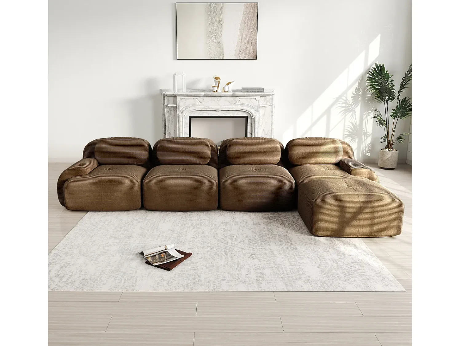Sofá|DripeX Sofá de canto 4 lugares modular - em Veludo cotelê - com 4 almofadas e puff - 388x178x70cm - Marrom Castanho