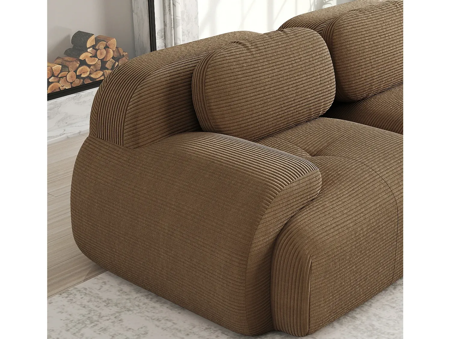 Sofá|DripeX Sofá de canto 4 lugares modular - em Veludo cotelê - com 4 almofadas e puff - 388x178x70cm - Marrom Castanho