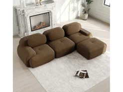 Sofá|DripeX Sofá de canto 3 lugares modular - em Veludo cotelê - com 3 almofadas e puff - 298x178x70cm - Marrom Castanho