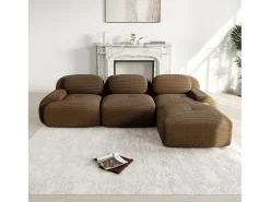 Sofá|DripeX Sofá de canto 3 lugares modular - em Veludo cotelê - com 3 almofadas e puff - 298x178x70cm - Marrom Castanho