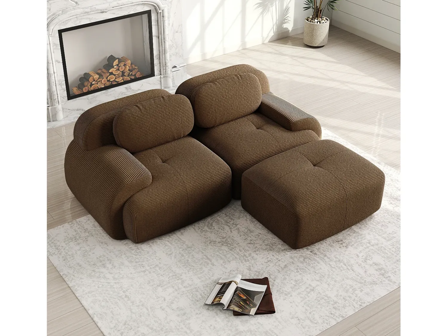 Sale DripeX Sofá de canto 2 lugares modular - em Veludo cotelê - com 2 almofadas e puff - ergonômico - 208x178x70cm - Marrom Castanho