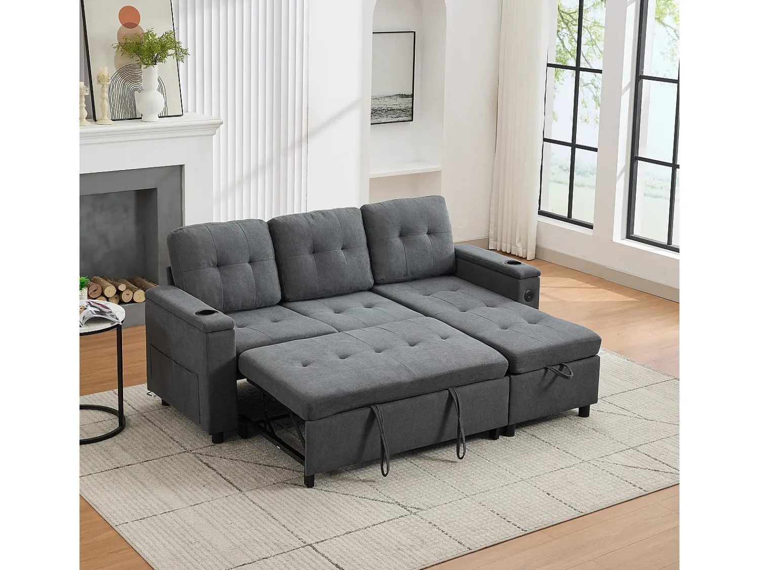 ModernLuxe Sofá de canto 3 lugares 208x146x89,5 cm - Dobrável - com iluminação LED - com porta-copos e saco de armazenamento - Cinza^ Sofá