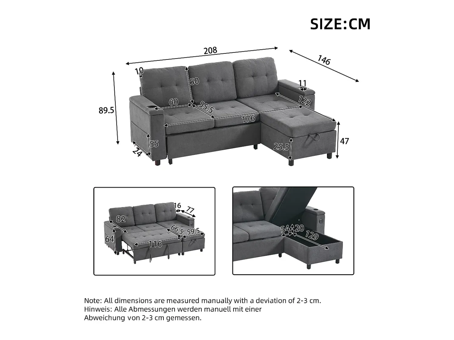 ModernLuxe Sofá de canto 3 lugares 208x146x89,5 cm - Dobrável - com iluminação LED - com porta-copos e saco de armazenamento - Cinza^ Sofá