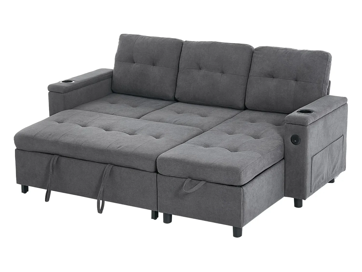 ModernLuxe Sofá de canto 3 lugares 208x146x89,5 cm - Dobrável - com iluminação LED - com porta-copos e saco de armazenamento - Cinza^ Sofá