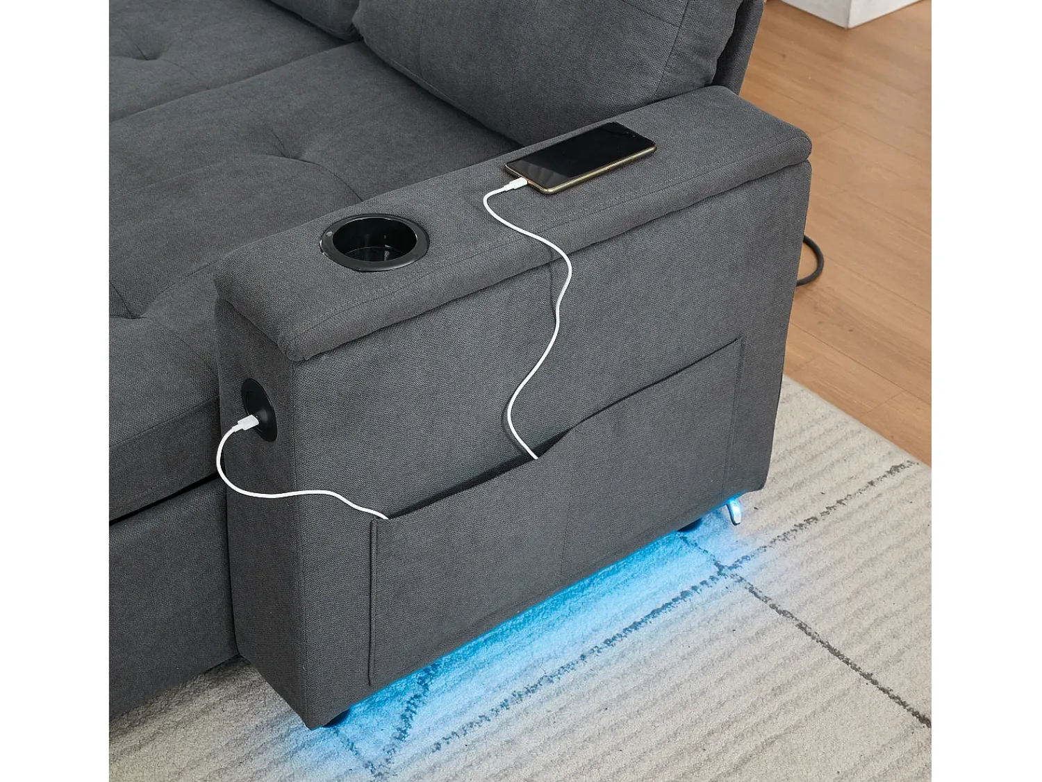 ModernLuxe Sofá de canto 3 lugares 208x146x89,5 cm - Dobrável - com iluminação LED - com porta-copos e saco de armazenamento - Cinza^ Sofá