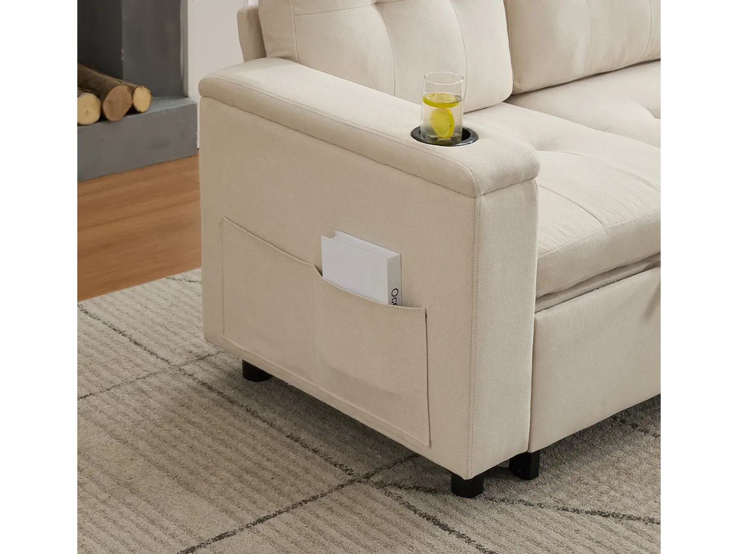 Online ModernLuxe Sofá de canto 3 lugares 208x146x89,5 cm - Dobrável - com iluminação LED - com porta-copos e saco de armazenamento - Bege