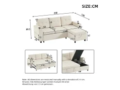 Online ModernLuxe Sofá de canto 3 lugares 208x146x89,5 cm - Dobrável - com iluminação LED - com porta-copos e saco de armazenamento - Bege