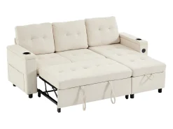 Online ModernLuxe Sofá de canto 3 lugares 208x146x89,5 cm - Dobrável - com iluminação LED - com porta-copos e saco de armazenamento - Bege