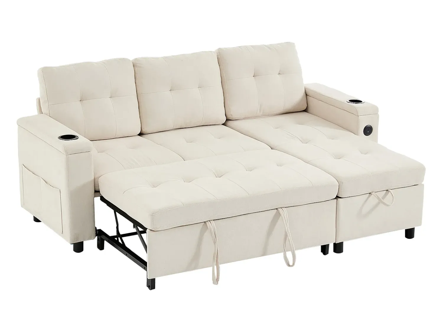 Online ModernLuxe Sofá de canto 3 lugares 208x146x89,5 cm - Dobrável - com iluminação LED - com porta-copos e saco de armazenamento - Bege