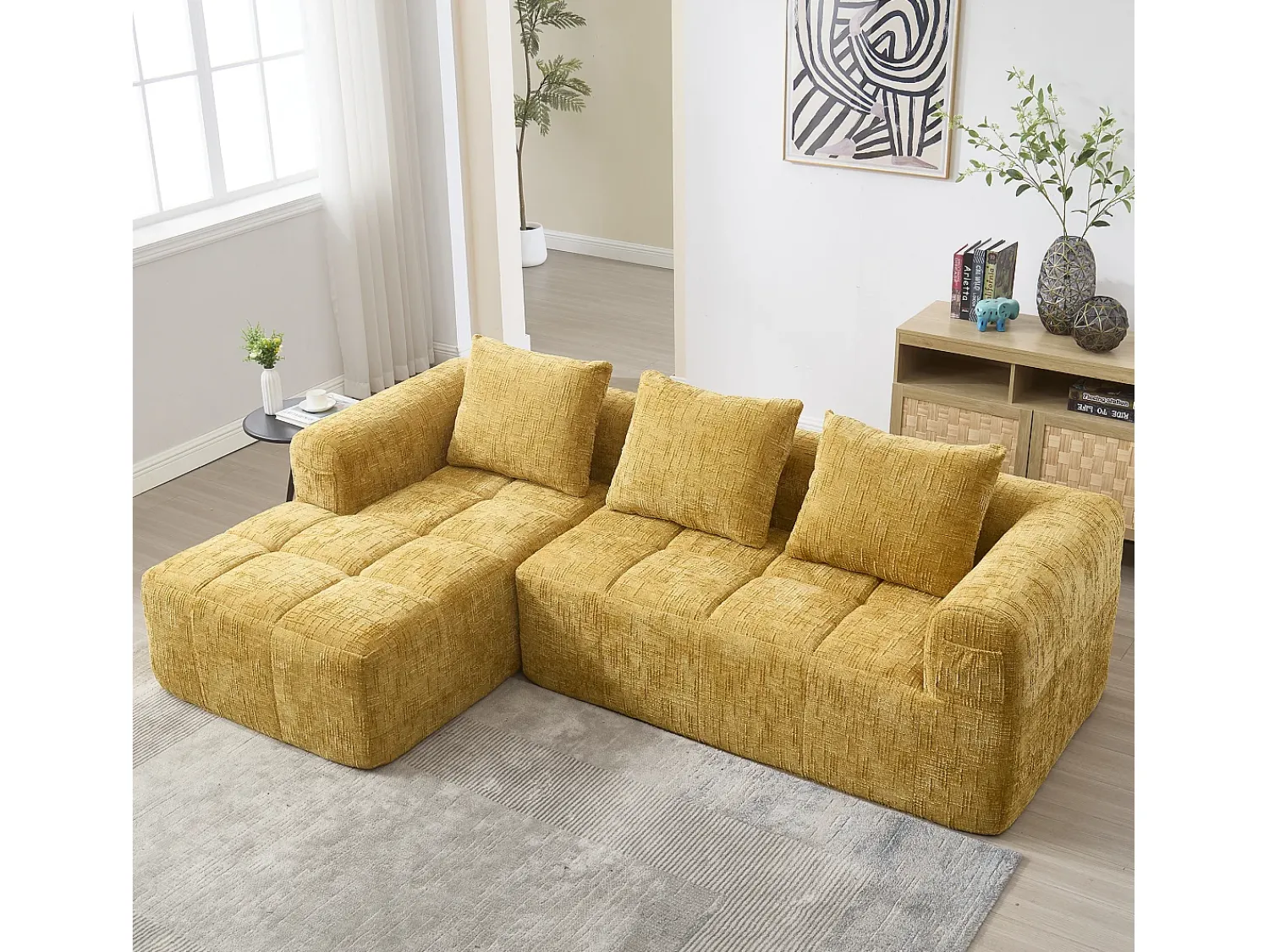 Sofá* Sofá de canto - com bolsas de arrumação e 3 almofadas - chenille - com chaise longue e braços Amarelo