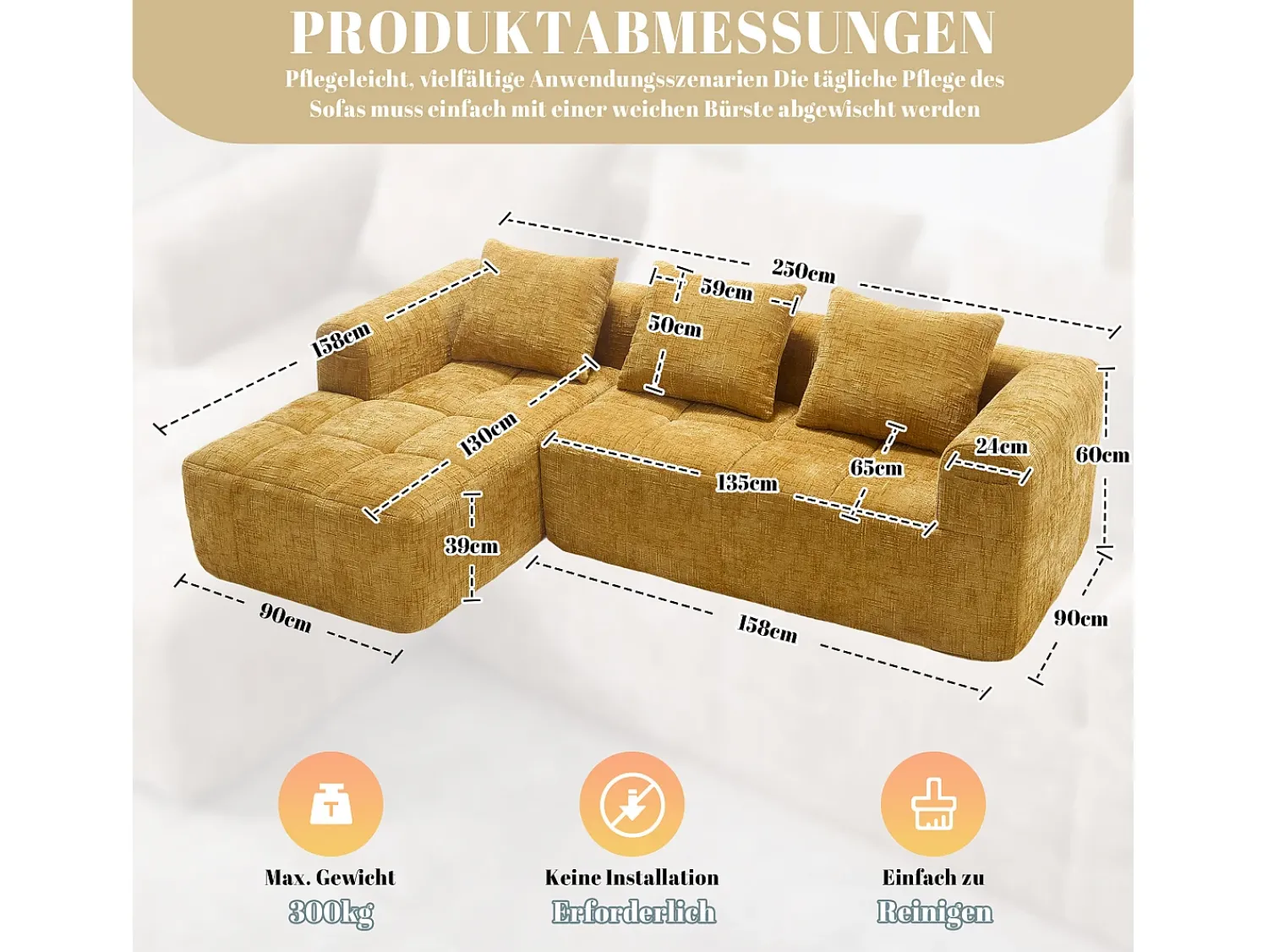 Sofá* Sofá de canto - com bolsas de arrumação e 3 almofadas - chenille - com chaise longue e braços Amarelo