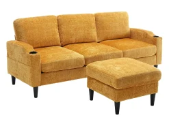 New Sofá de canto - Sofá com pufe e compartimento de arrumação - chenille - suporte para copos e compartimento de arrumação Amarelo