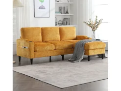 New Sofá de canto - Sofá com pufe e compartimento de arrumação - chenille - suporte para copos e compartimento de arrumação Amarelo