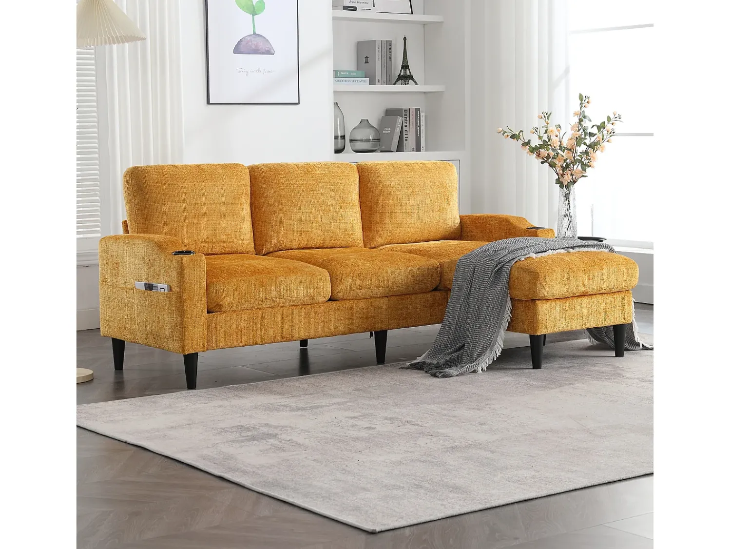New Sofá de canto - Sofá com pufe e compartimento de arrumação - chenille - suporte para copos e compartimento de arrumação Amarelo