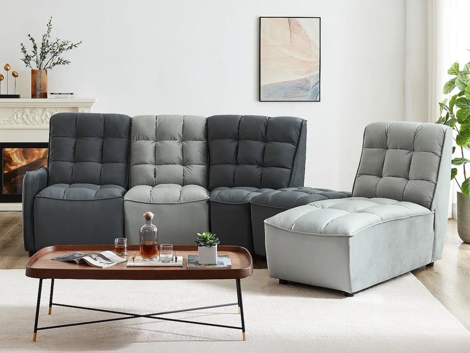 Sofá|Vente-unique Sofá de canto articulado modular em veludo cinza-claro e antracite ALFORD Cinzento claro / Cinza antracite