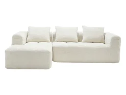 New Sofá de canto - com compartimentos para arrumação e 3 almofadas - chenille - com chaise longue e braços Bege