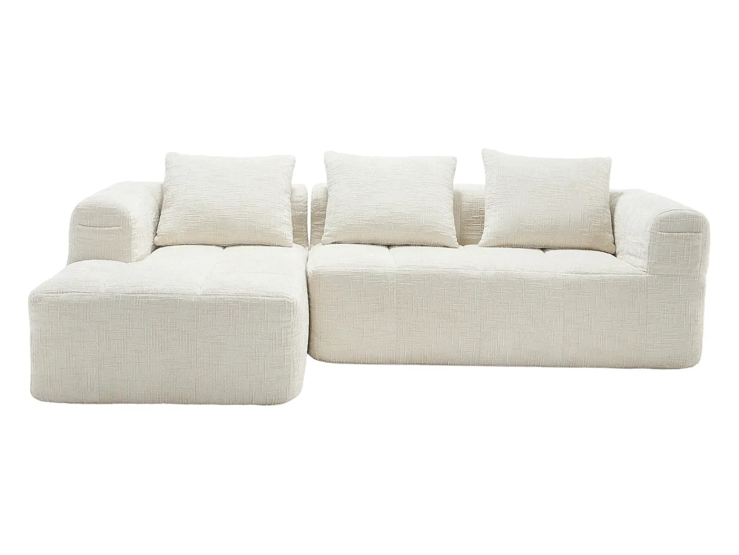 New Sofá de canto - com compartimentos para arrumação e 3 almofadas - chenille - com chaise longue e braços Bege