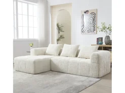New Sofá de canto - com compartimentos para arrumação e 3 almofadas - chenille - com chaise longue e braços Bege