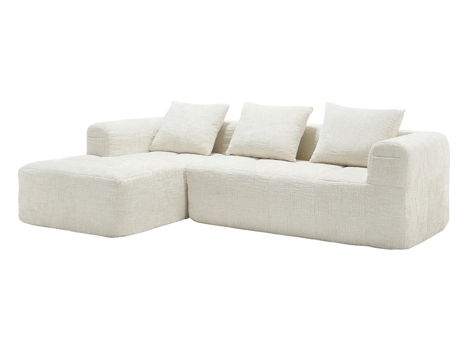 New Sofá de canto - com compartimentos para arrumação e 3 almofadas - chenille - com chaise longue e braços Bege