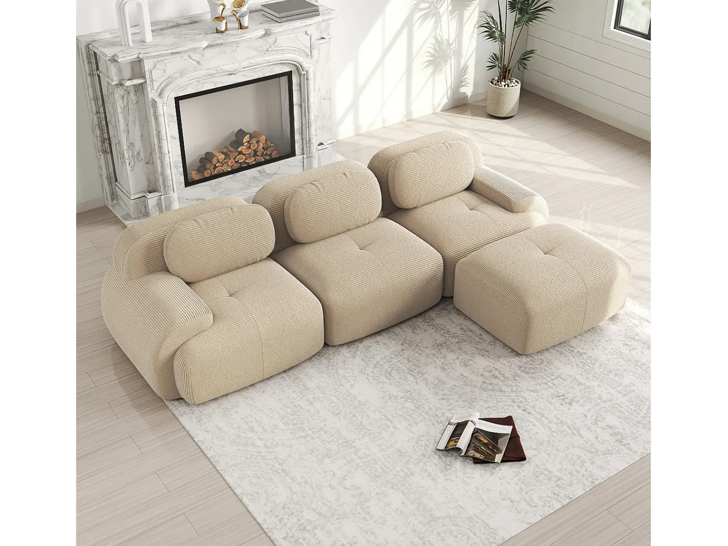 Sofá| Sofá de canto - Sofá de 3 lugares com braços curvos e almofadas decorativas - bombazine Bege