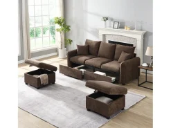 Sofá* Sofá de canto - Sofá de 3 lugares com 2 gavetas e 2 bancos de arrumação - chenille Castanho