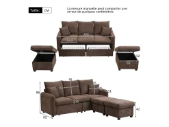 Sofá* Sofá de canto - Sofá de 3 lugares com 2 gavetas e 2 bancos de arrumação - chenille Castanho