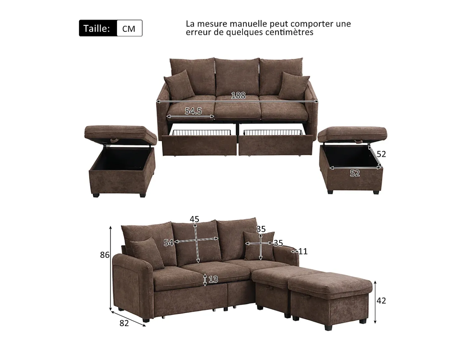 Sofá* Sofá de canto - Sofá de 3 lugares com 2 gavetas e 2 bancos de arrumação - chenille Castanho
