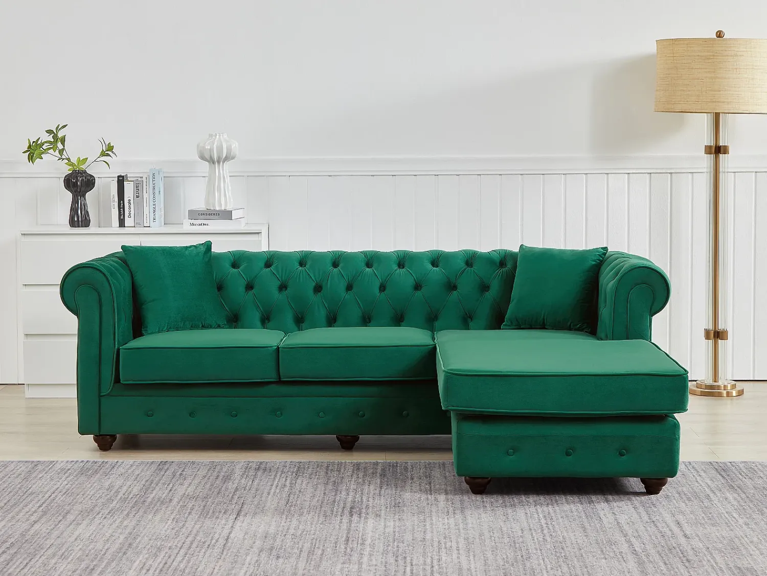 Vente-unique Sofá de canto chesterfield reversível em veludo TOLEDO Verde