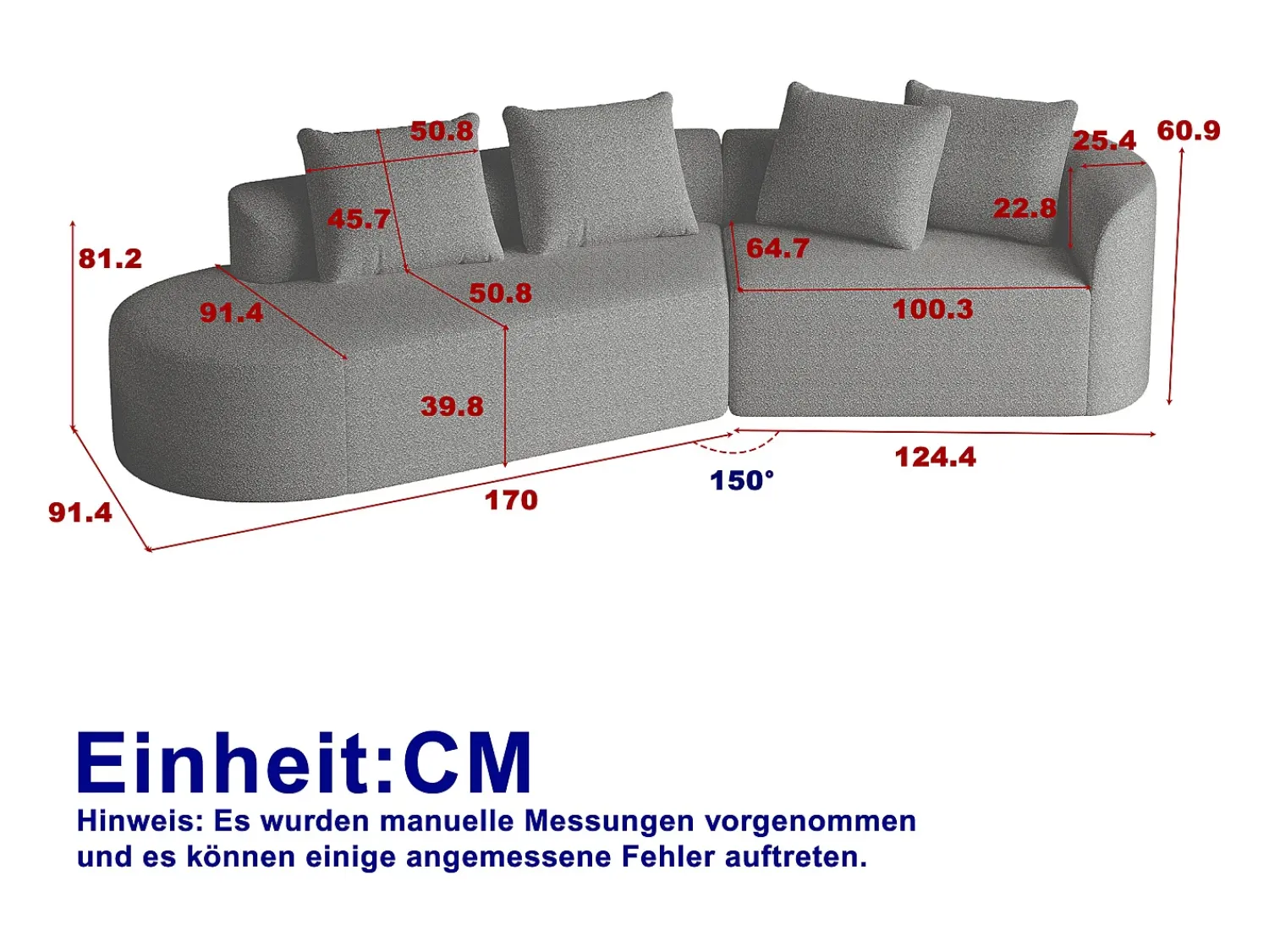 Sofá| Sofá de canto cinza claro - sofá de 4 lugares com 4 almofadas decorativas e encosto - chenille Cinzento claro
