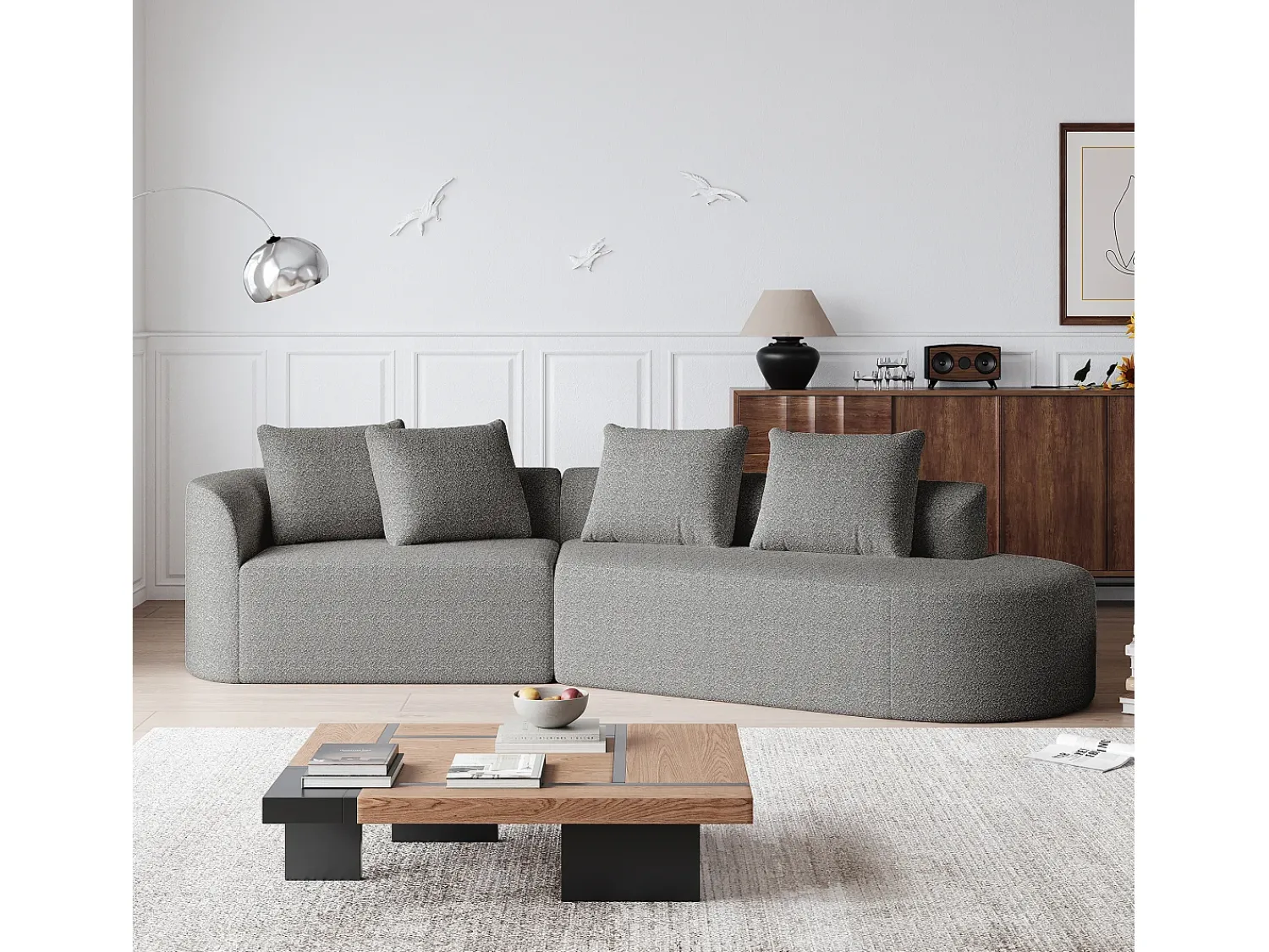 Sofá| Sofá de canto cinza claro - sofá de 4 lugares com 4 almofadas decorativas e encosto - chenille Cinzento claro