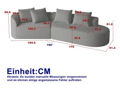 Sofá| Sofá de canto cinza claro - sofá de 4 lugares com 4 almofadas decorativas e encosto - chenille Cinzento claro