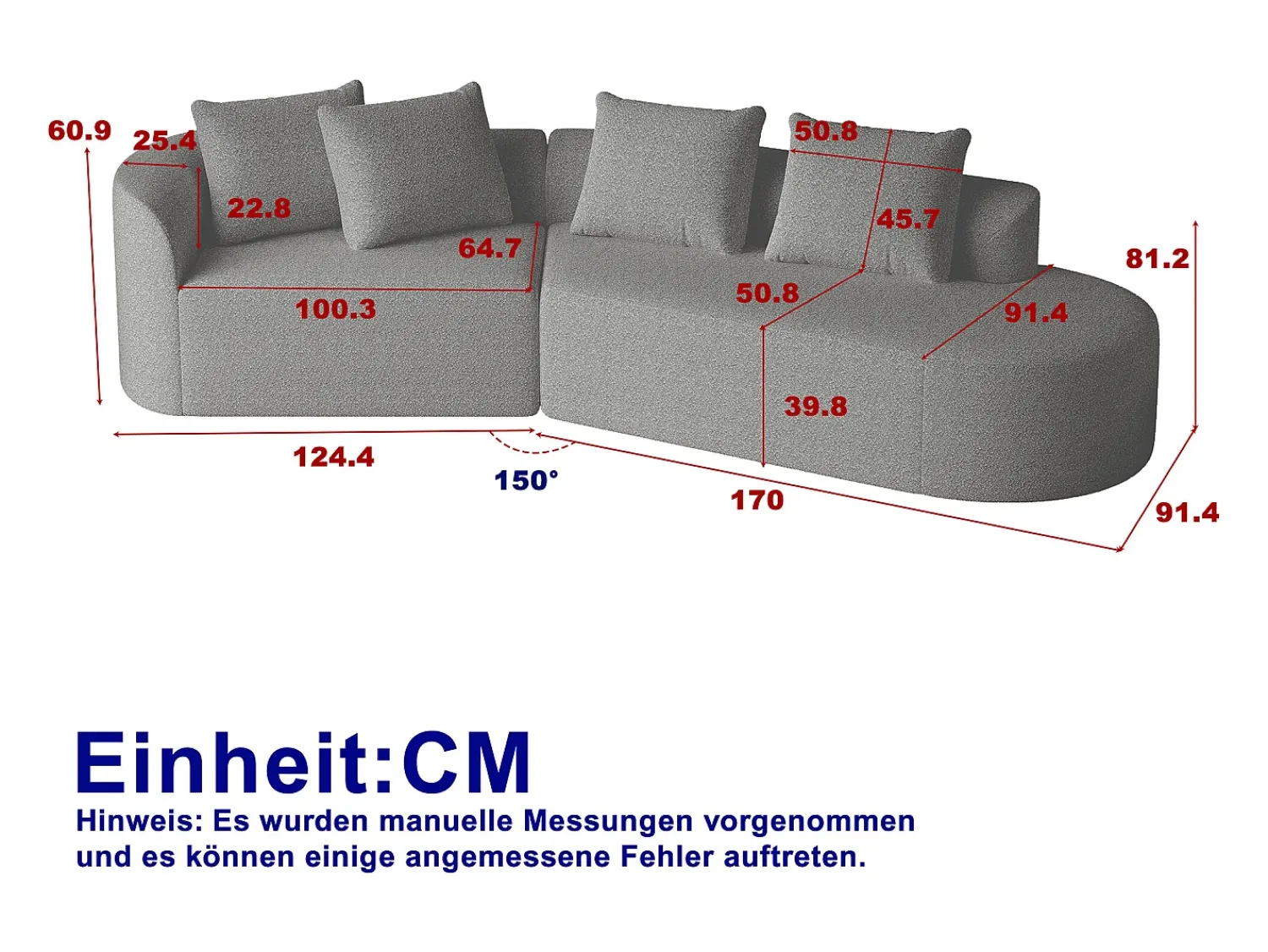 Sofá| Sofá de canto cinza claro - sofá de 4 lugares com 4 almofadas decorativas e encosto - chenille Cinzento claro