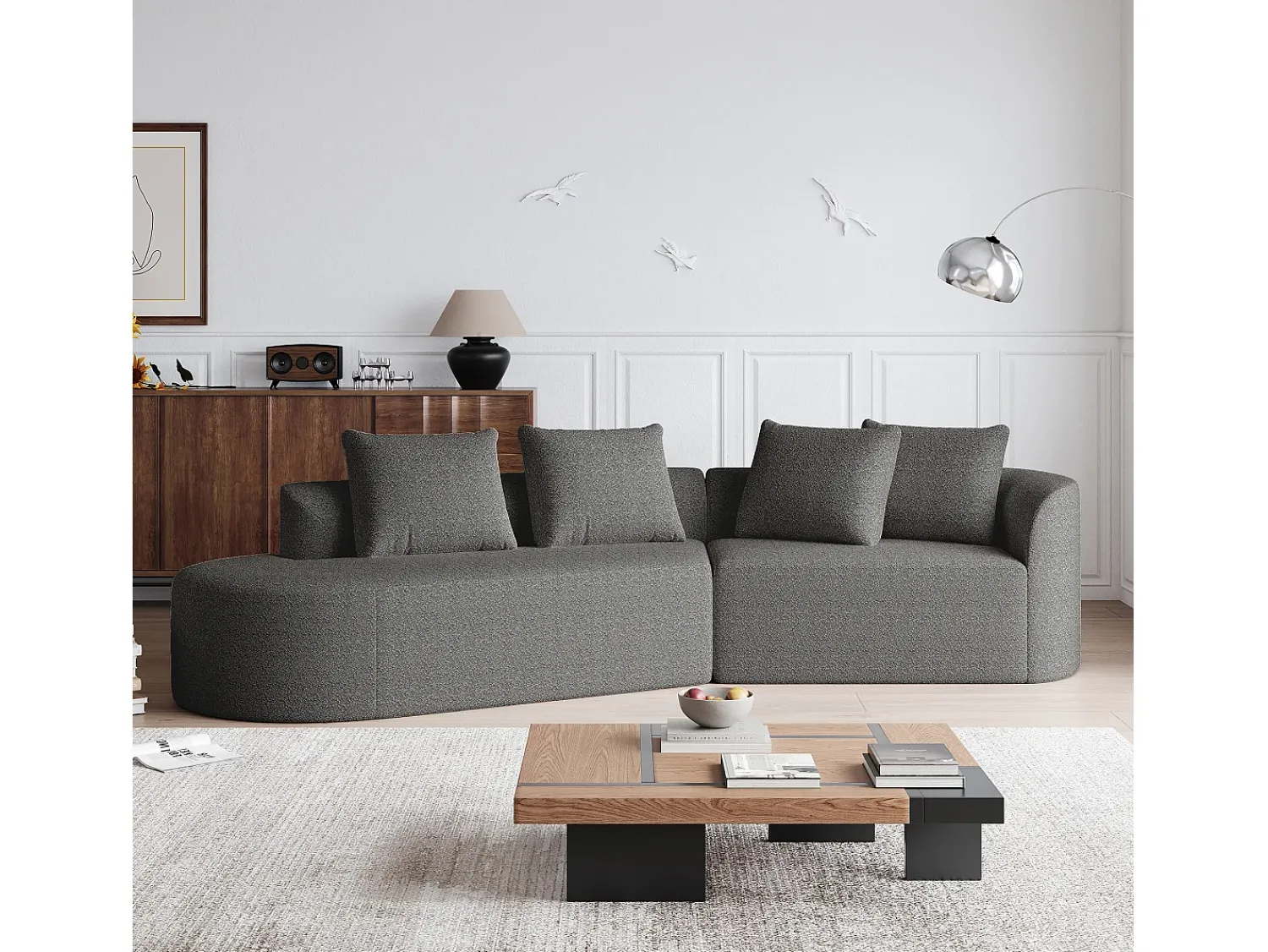 Clearance Sofá de canto cinza escuro - sofá de 4 lugares com 4 almofadas decorativas e encosto - chenille Cinzento