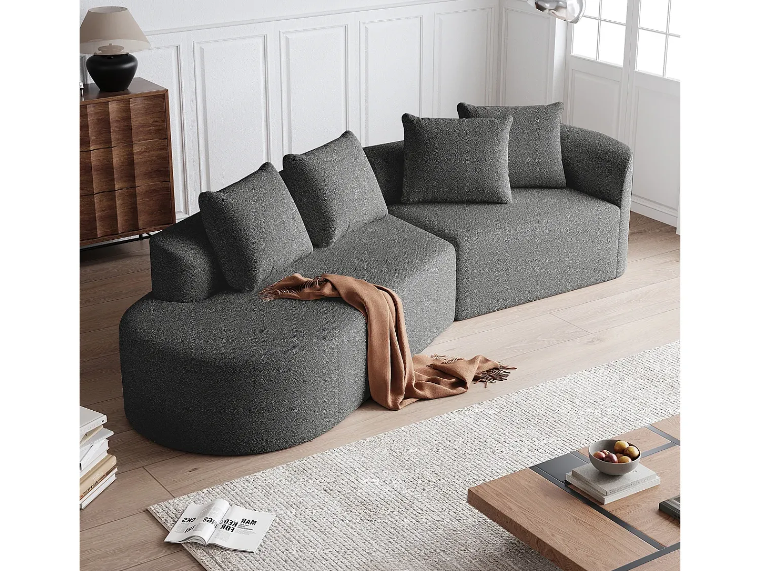 Clearance Sofá de canto cinza escuro - sofá de 4 lugares com 4 almofadas decorativas e encosto - chenille Cinzento