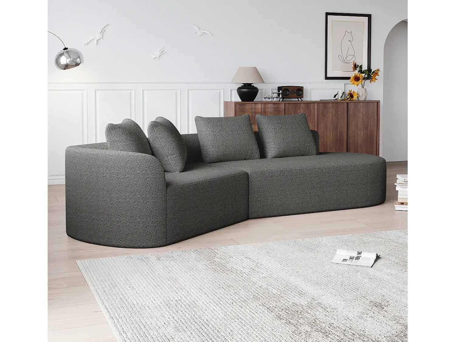 Sofá de canto cinza escuro - sofá de 4 lugares com 4 almofadas decorativas e encosto - chenille^ Sofá