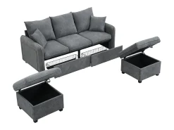Clearance Sofá de canto - Sofá de 3 lugares com 2 gavetas e 2 bancos de arrumação - chenille Cinzento